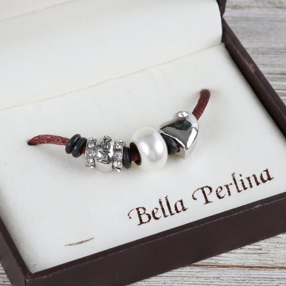 Bella Perlina Charm Set of 3 - Silver Heart, Sliver "Mom" Bead & White Bead
